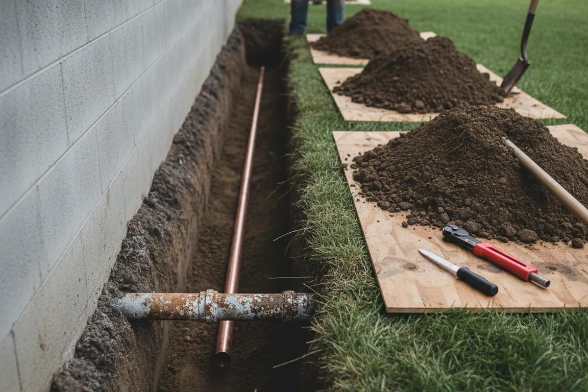 Excavated water line trench during Water Softener Installation in Avella